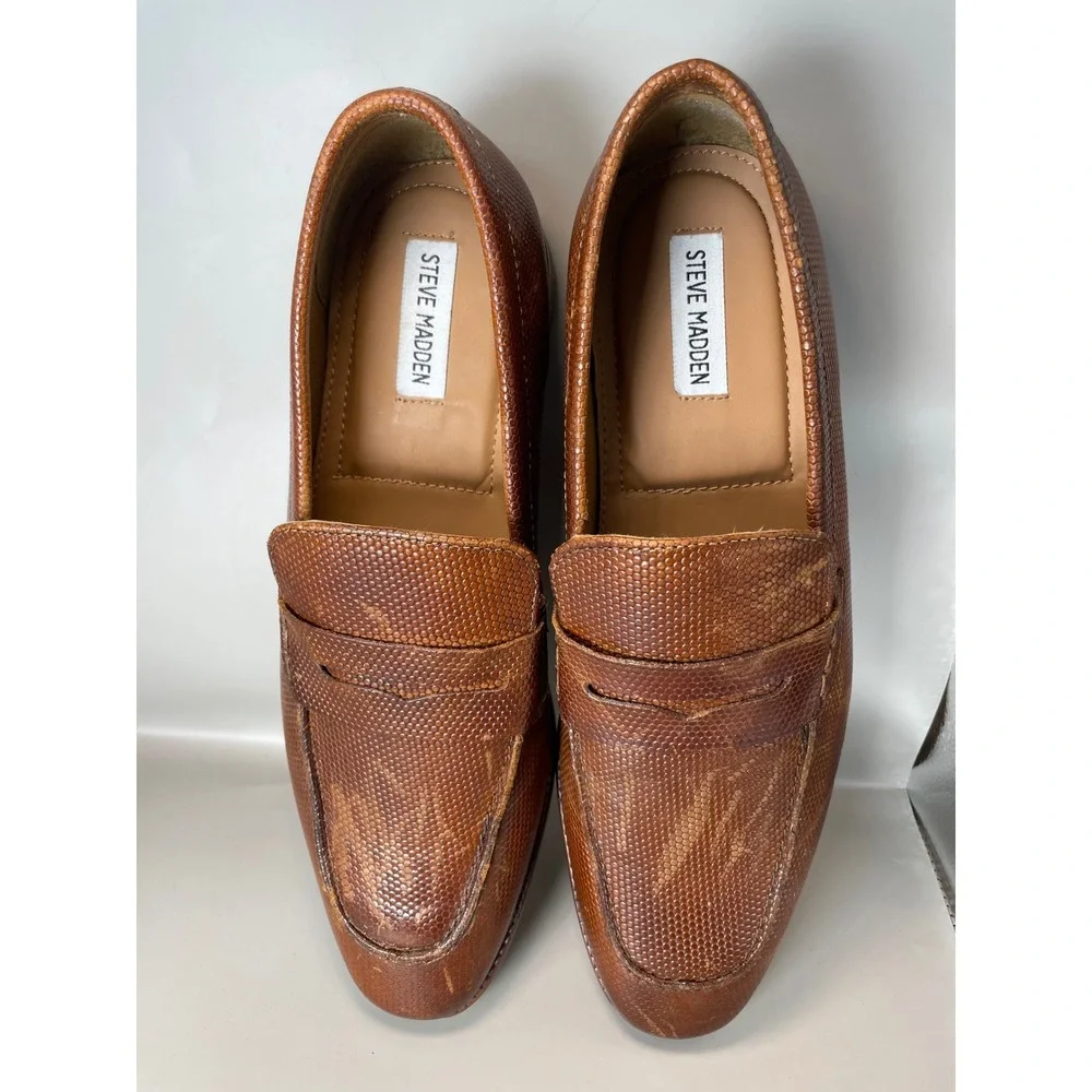 Steve Madden Mens P-Ancher Cognac Leather Textured Penny Loafers Size 8.5D